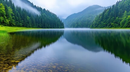 Serene Mountain Lake with Foggy Reflections