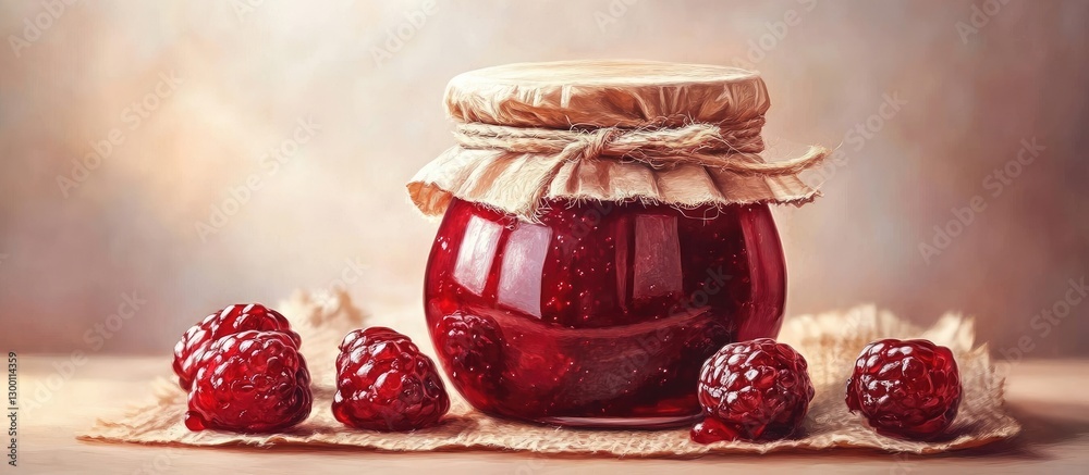 Aufkleber Homemade raspberry jam in a glass jar with a burlap lid surrounded by fresh raspberries on a textured beige surface creating a rustic setting
