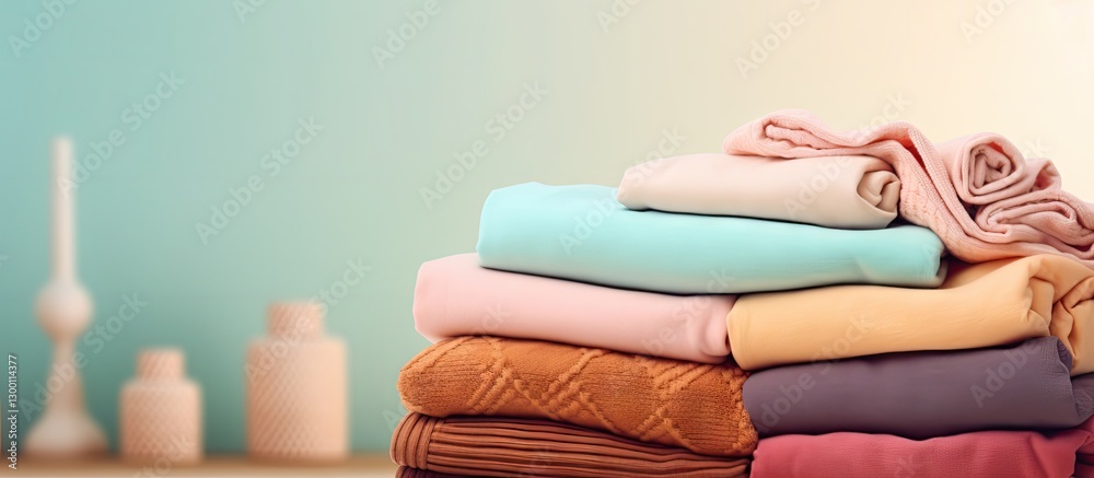 Leinwandbilder soft pastel colored blankets neatly stacked on a table with a light beige wall in the background cre