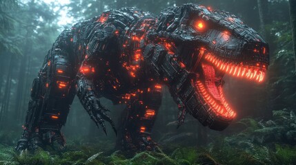 A futuristic robotic dinosaur stands menacingly in a misty forest, surrounded by lush greenery