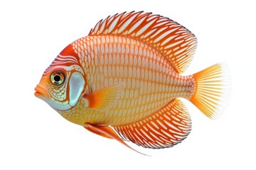 Fototapeta premium A vibrant discus fish isolated on a white background, showcasing its colorful patterns and aquatic beauty.