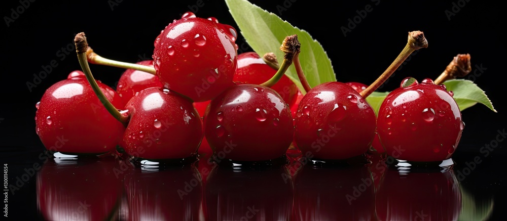 Poster glossy red sour cherries with green leaves on a reflective black surface showcasing their vibrant co
