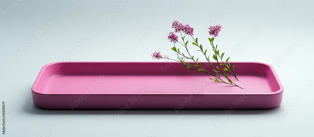 Aufkleber pink rectangular tray with delicate flowers arranged artistically on the left side against a soft gr