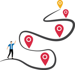 Success roadmap journey, milestone or career path achievement, route or pathway to achieve goals, accomplishment, assessment or way to success, businessman look at achievement milestone to success