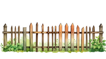 Obraz premium Watercolor Wooden Fence Border with Green Foliage Illustration for Garden Decor
