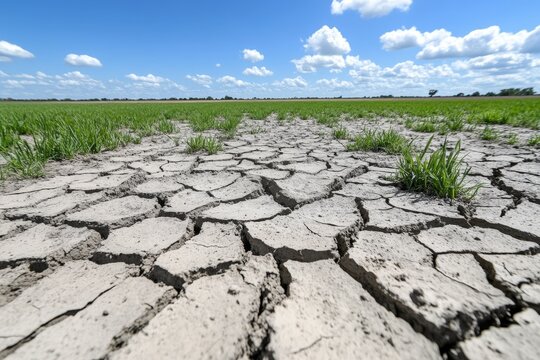 A parched landscape next to a lush green area, highlighting the impact of rising temperatures