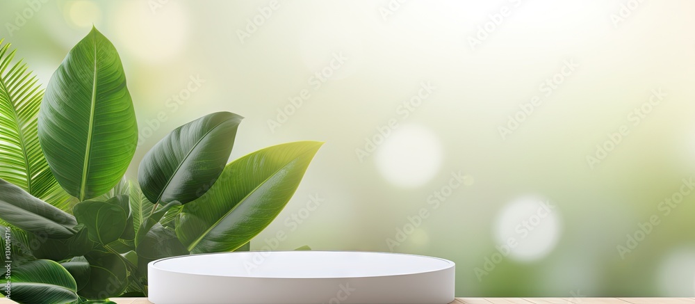 Fototapete Green leaf texture background with vibrant foliage surrounding a white round podium on the right; soft focus, light bokeh effect creates ample copy space.