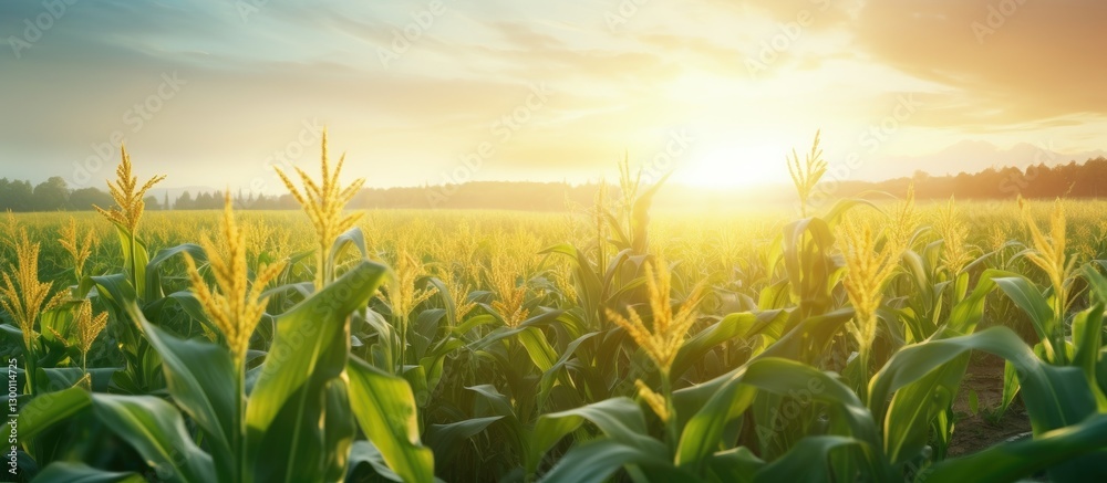 Poster Vibrant green cornfield under a golden sunrise with clear skies creating ample copy space in the upper section for text integration.