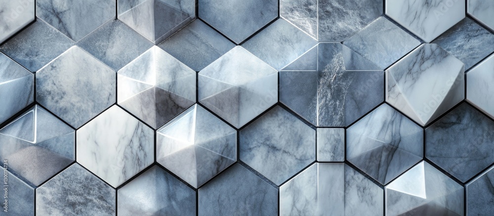 Leinwandbilder hexagonal mosaic tiles in shades of grey and white marble arranged in a textured pattern, creating a