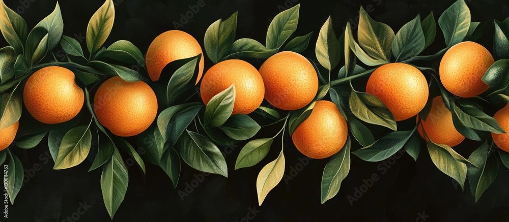 Poster fresh tangerines arranged in a horizontal line against a dark background with lush green leaves crea