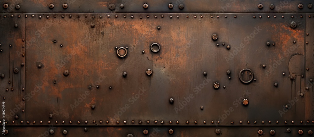 Aufkleber Aged metal surface with warm brown tones adorned with rivets centered in a rectangular frame ideal for industrial or vintage themed designs