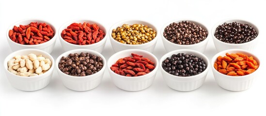 Colorful assortment of superfoods in white bowls arranged in two rows featuring goji berries cacao beans quinoa seeds and more over white background
