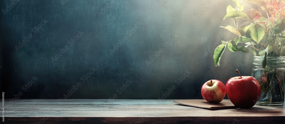 Poster modern tabletop scene featuring red and green apples on a wooden surface with soft natural light and