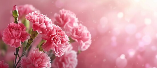 Obraz premium Pink backdrop with vibrant carnation flowers in the foreground, soft focus bokeh lighting, ideal for springtime themes and copy space.