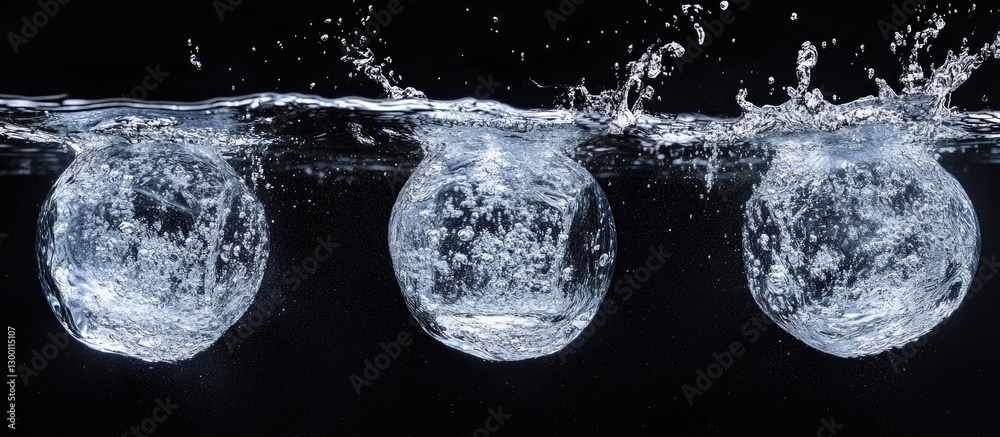 Aufkleber three transparent spheres submerged in water creating splashes against a solid black background, cap
