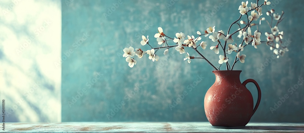 Poster delicate spring blossoms in a rustic jug against a turquoise background with soft lighting emphasizi