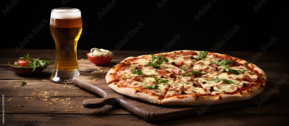 Poster delicious pizza topped with fresh herbs alongside a tall frosty beer on a rustic wooden table with d