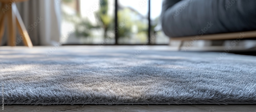Poster plush gray fabric rug with a soft velvety texture positioned in a bright living space with natural l