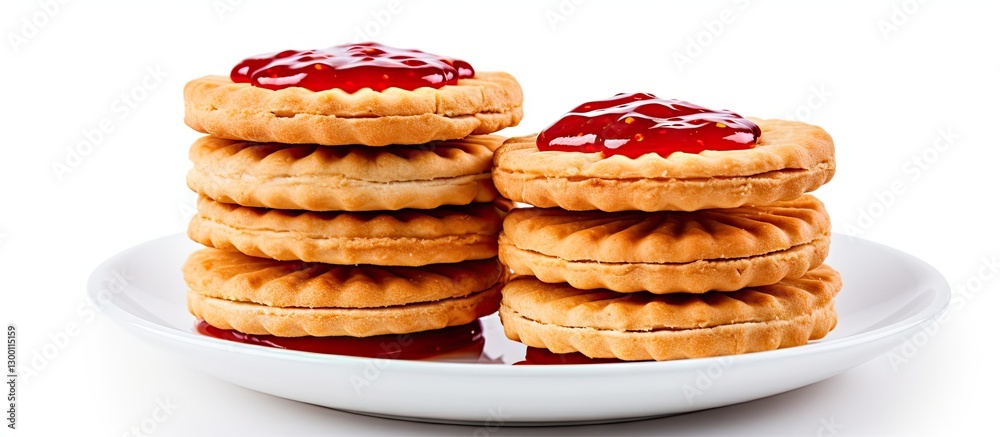 Poster delicious peanut butter and jam biscuit crackers stacked on a white plate against a pure white backg