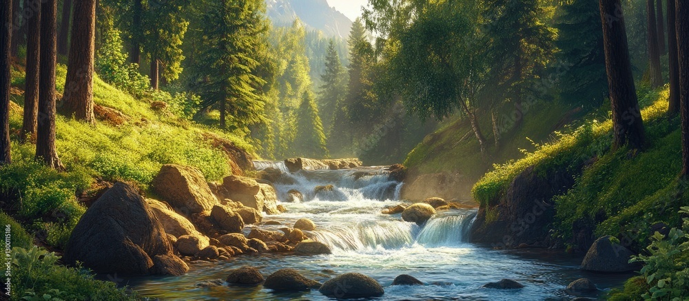 Poster serene spring landscape featuring a flowing river amidst lush green trees and rocks, with sunlight f
