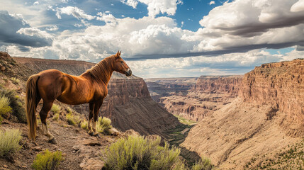 A wild chestnut horse standing on the edge of a canyon, gazing into the vast valley below