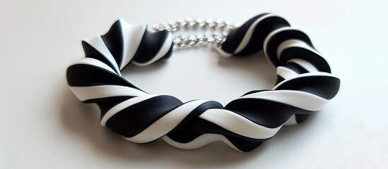 Handcrafted black and white twisted polymer clay necklace displayed on a light background showcasing smooth curves and shiny silver clasp