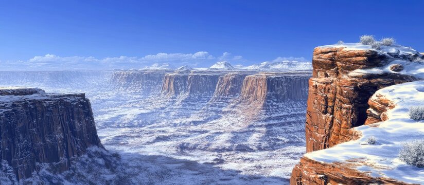 Majestic snow-covered mountain cliffs in vibrant blue sky, showcasing vast snowy landscape with rugged red rock formations on the horizon. - Powered by Adobe