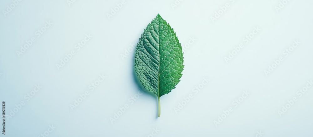 Poster vibrant green mint leaf centered on a soft white background showcasing fine details and texture with