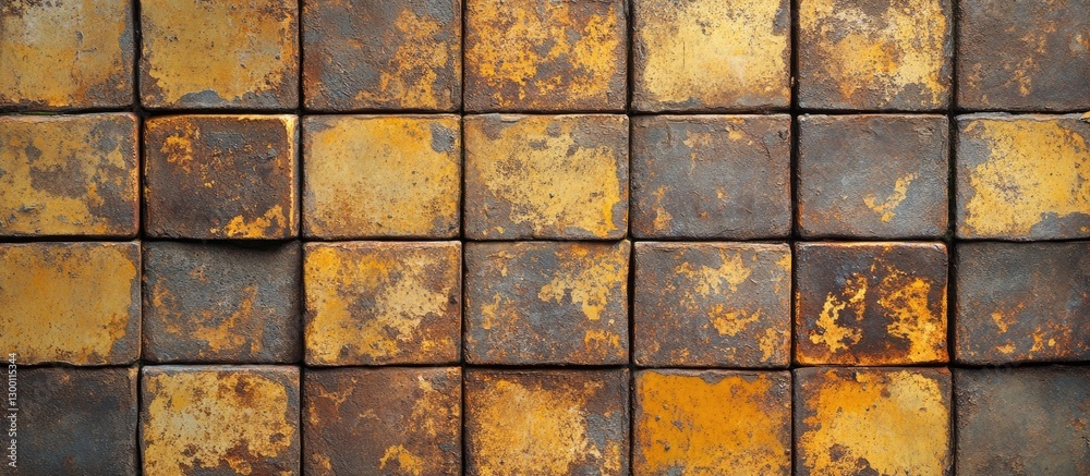 Fototapete Weathered yellow bricks with a rusty finish arranged in a grid pattern create a vintage aesthetic filled with nostalgia and historical charm.