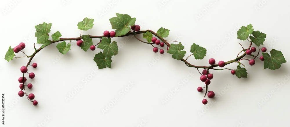 Aufkleber Vibrant green grapevine branch with small red grapes arranged on a soft white background creating a fresh and natural aesthetic.