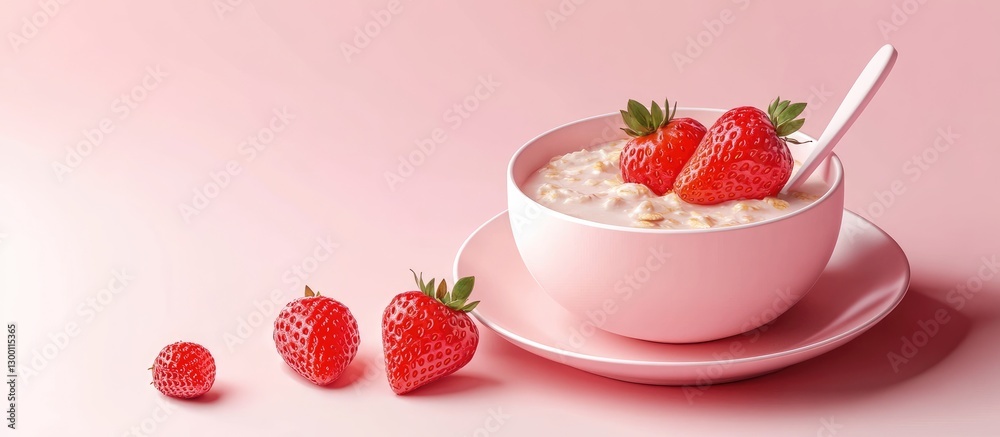 Poster bowl of creamy oats porridge with fresh strawberries on pink background arranged left with spoon and