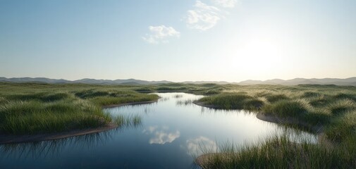 Fototapeta premium Serene Lakeside Meadow, Reflections of Sky and Tranquility in Clear Water