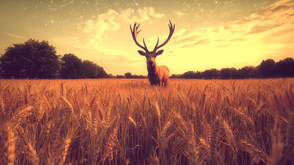 Obraz premium A majestic stag stands in a golden wheat field at sunset