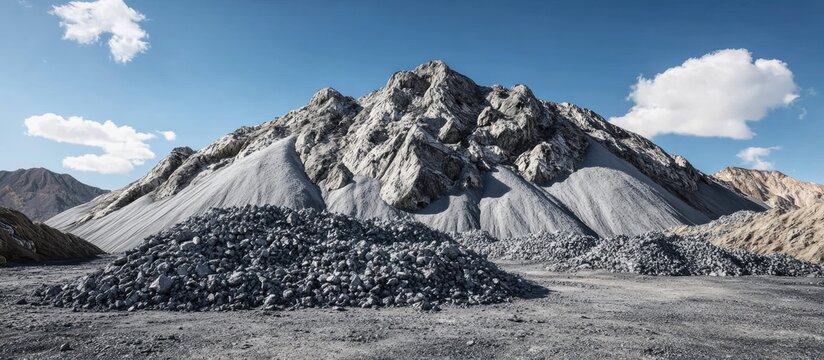 Lush gray rock piles at a mine site with a prominent mountain in the background under a clear blue sky scattered with white clouds