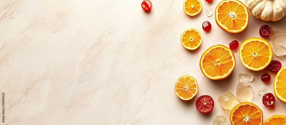 Poster autumn-themed background featuring vibrant orange slices and white pumpkin on a light marble surface