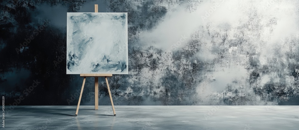 Aufkleber Minimalist easel displaying abstract artwork in soft blue and gray tones against a textured wall, creating a serene artistic atmosphere.