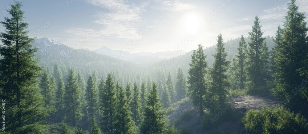 Aufkleber lush spruce tree tops illuminated by warm sunlight on a gentle forest slope with distant mountains u