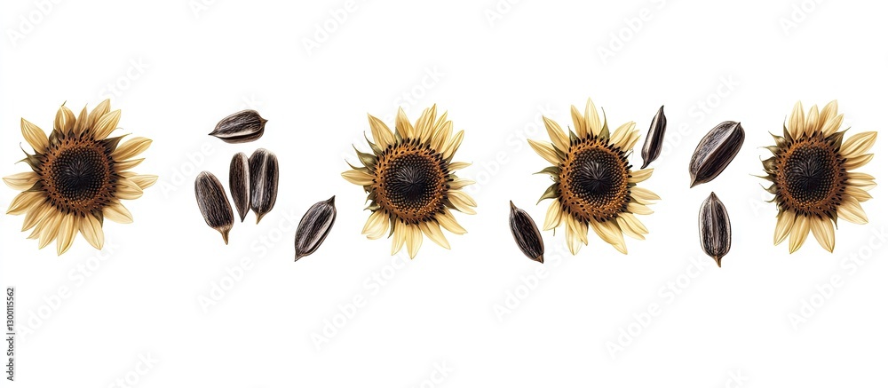 Poster sunflower heads and seeds arranged in a row on a bright white background showcasing vibrant yellow p