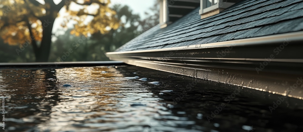 Aufkleber rainwater flowing off a roof edge into a tranquil puddle below, golden sunlight illuminating trees i