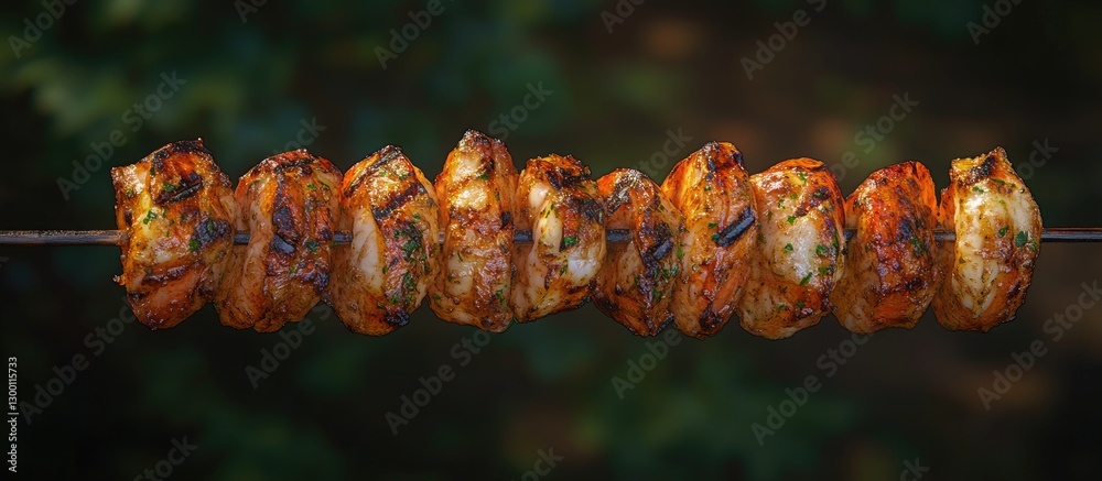 Poster grilled skewers of marinated chicken and vegetables arranged on a skewer, with a blurred green backg