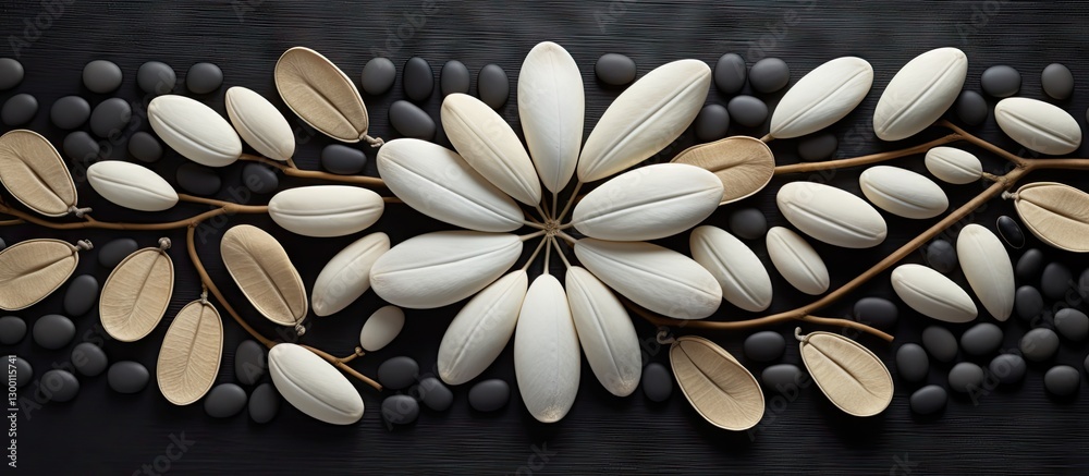 Aufkleber Artistic arrangement of white rubber seeds and black pebbles creating a harmonious floral pattern on a dark background highlighting natural textures.