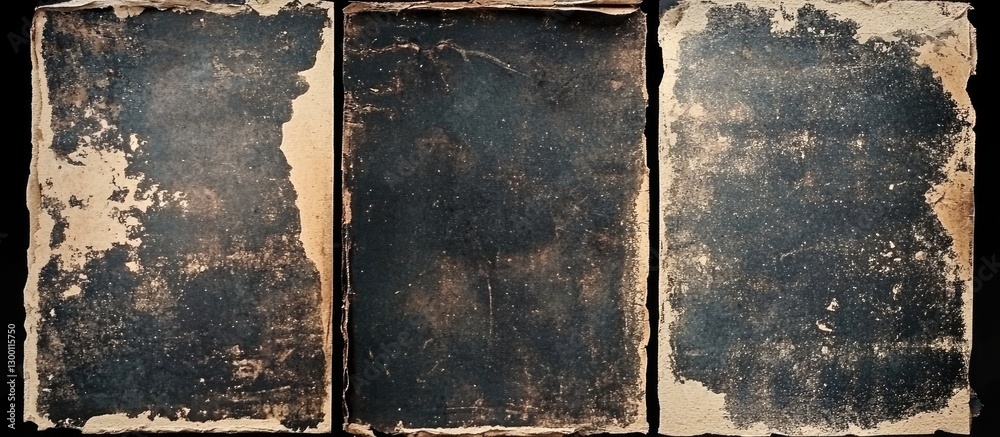 Leinwandbilder old aged black cardboard texture with torn edges on a dark background, featuring three panels displa