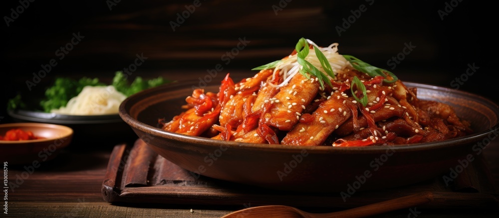Poster savory stir-fried pork with korean-style cabbage and kimchi served in a rustic brown bowl garnished 