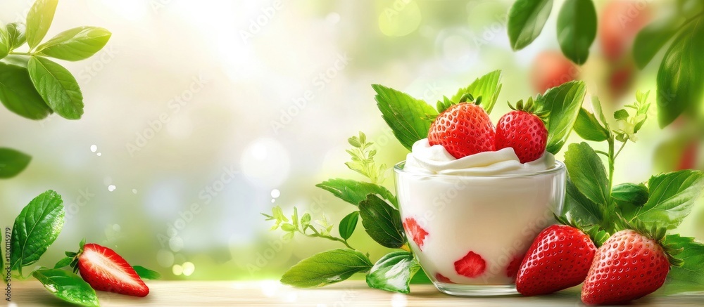 Poster refreshing yogurt topped with juicy red strawberries and vibrant green leaves in a bright morning se