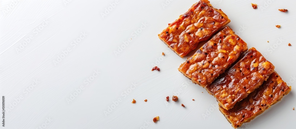 Poster Tempeh slices arranged diagonally on a white background with ample copy space on the left side for text or additional content.