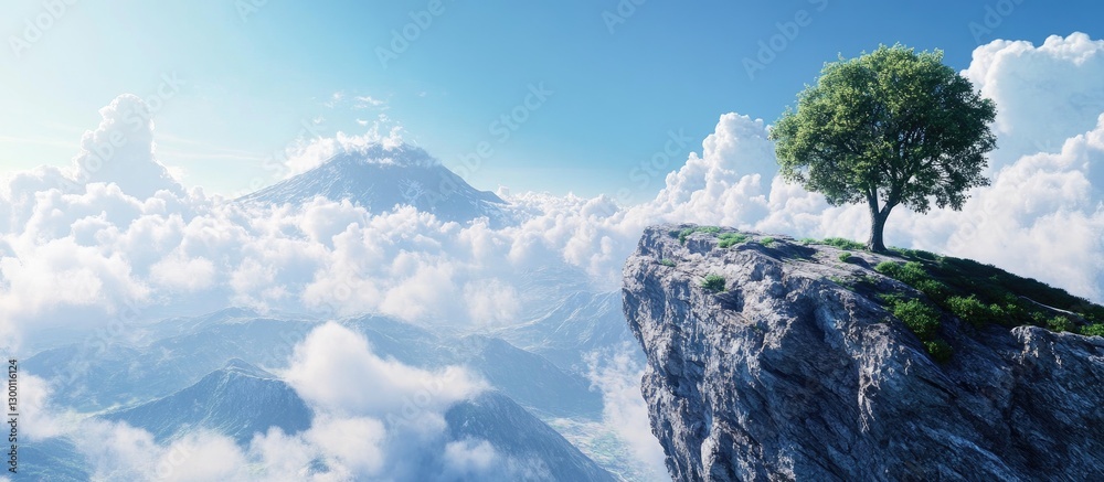 Poster serene mountain landscape featuring a lone green tree on a cliff edge with white clouds and a bright