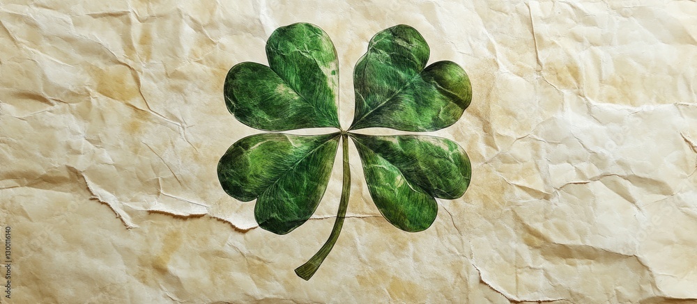 Aufkleber Four leaf clover stencil design on a textured tattered paper background in earthy tones with emphasis on the clover's vibrant greenery and distinct shape.