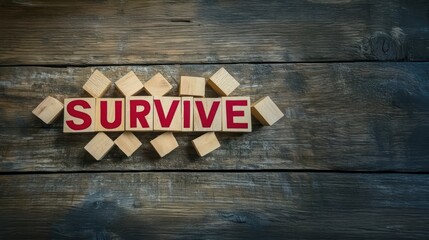Fototapeta premium Wooden blocks spell survive in red letters, symbolizing medical dedication and the will to overcome health challenges