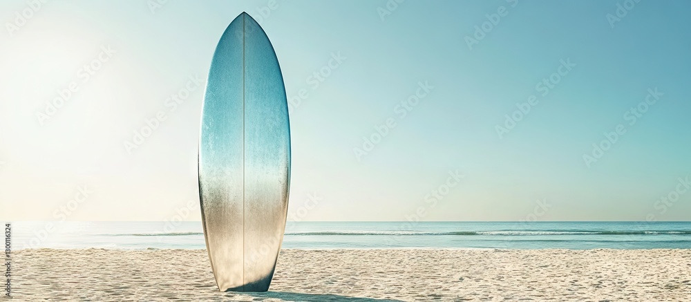 Aufkleber silver surfboard positioned upright on a sandy beach under a clear blue sky with gentle ocean waves 