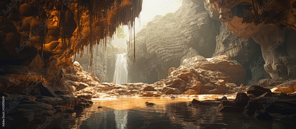 Poster majestic cave interior with golden rock formations and a tranquil stream flowing towards a serene wa